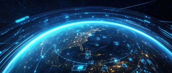 A glowing digital globe with network connections and data overlays illustrates global connectivity and advanced technology in a futuristic cyber environment.
