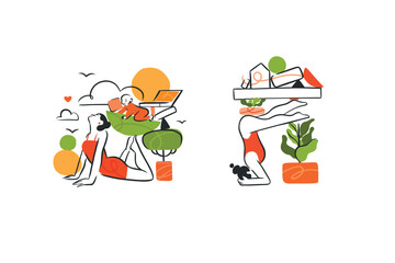 Hand drawn vector graphic cartoon line illustration with woman does yoga and keeps her life in balance. Multitasking mother with baby child meditating in harmony. Business mother life concept