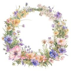 Fototapeta premium Wild flowers wreath illustration watercolor blossoms.