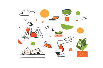 Hand drawn vector graphic cartoon line illustration with woman does yoga and keeps her life in balance. Multitasking mother with baby child meditating in harmony. Business mother life concept