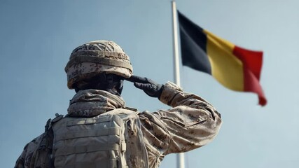 Belgian soldier saluting flagpole against white background while honoring the nation - Powered by Adobe
