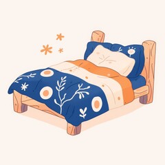 Bed icon, cute cartoon illustration style, clean white background and simple lines.