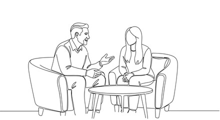 Line Art of Two People Engaged in Leadership and Mentorship Discussion on Neutral Background for Professional Blogs, Coaching Websites, Educational Articles, and Social Media Content