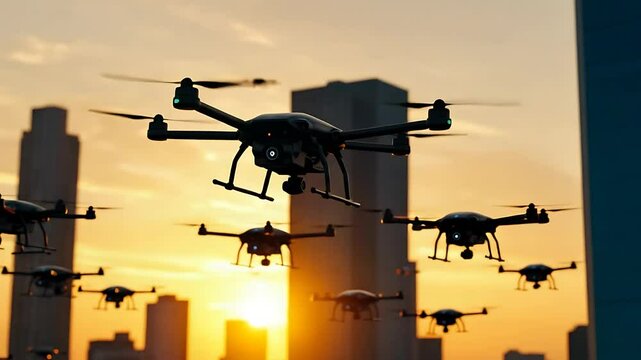 A fleet of drones flying against a vibrant sunset skyline, showcasing technology in urban exploration