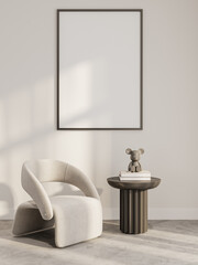 Minimalist Chair and Toy Decor under Bright Vertical Wall Frame Mockup