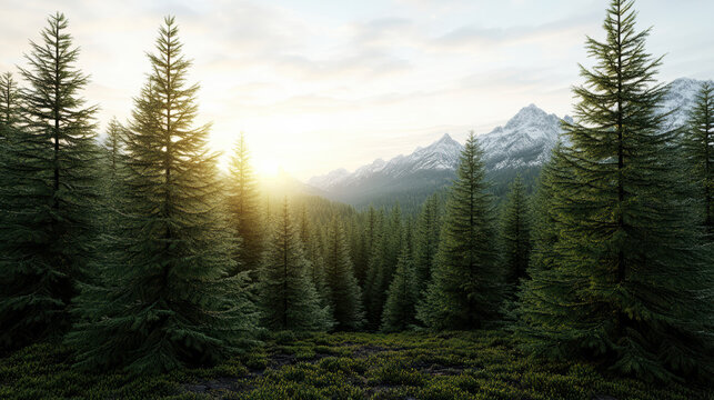 Lush evergreen forest with majestic mountains and glowing sunrise - Powered by Adobe