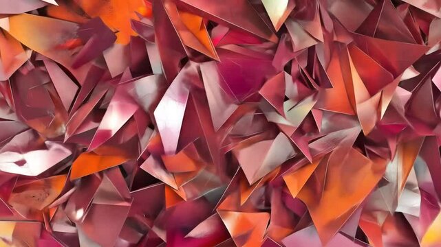 Abstract geometric pattern of overlapping, vibrant, multicolored triangles.  A dense cluster of polygons in shades of crimson, rose, and apricot creates a textured surface