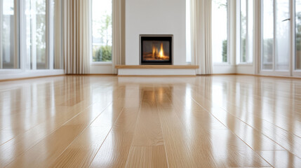 Fototapeta premium Polished wood floor reflects soft flickers of fire from cozy fireplace in bright room