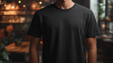 Man wearing black t-shirt in cozy cafe, blurred background