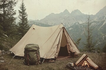Mountain Campsite With Tent And Campfire In Vintage Postcard Style. Evokes Nostalgic Outdoor Adventure
