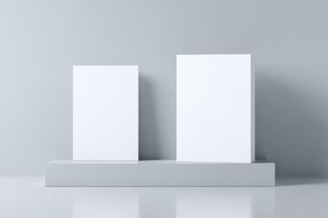 Fototapeta premium Two blank white cards on a gray pedestal