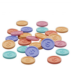 Colorful plastic coins scattered on white background, isolated on transparent background, 3D claymorphic icon