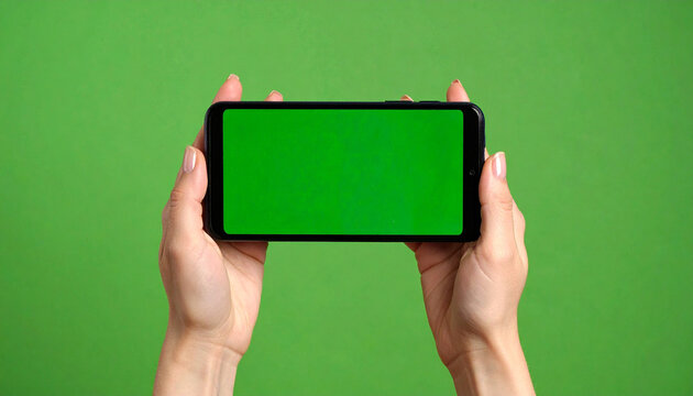Close-up of hand holding smartphone with green screen in horizontal position against chroma background, ideal for video or landscape app mockups