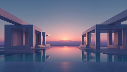 Minimalist concrete pavilions by a tranquil pool at sunrise