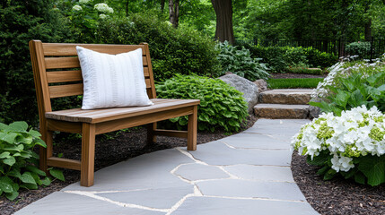 Fototapeta premium Serene garden scene featuring wooden bench adorned with decorative pillow, surrounded by lush