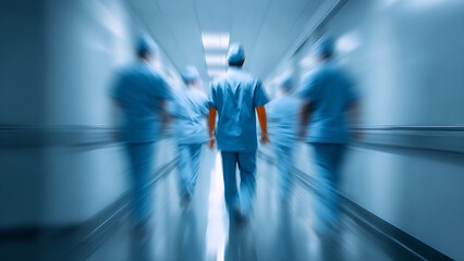 Fototapeta premium Blurry image of medical personnel. Hospital staff walking down the hallway.