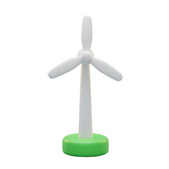 Miniature wind turbine model on a green base, isolated on transparent background, 3D claymorphic icon