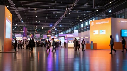 Blurred exhibition hall with people and vibrant displays trade show business event