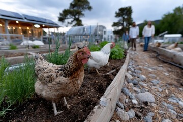 Chickens wandering freely in a sustainable urban farm, highlighting the connection between city life, agriculture, and the importance of local food systems and eco-friendly practices.