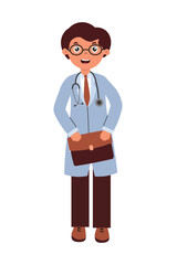 Fototapeta premium Friendly medical professional holding a briefcase in a healthcare setting ready to assist patients at the clinic. Vector isolated illustration in flat style on white background.