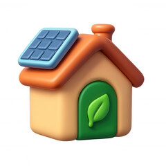 Colorful toy house with solar panel and green leaf design, isolated on transparent background, 3D claymorphic icon