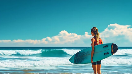 Woman with a surfboard, on a beach with an ocean view.