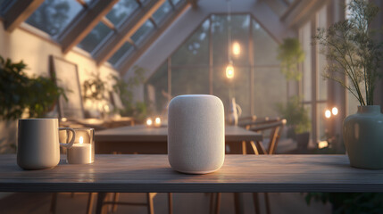 Smart Speaker on a Minimalist Shelf in a Bright Dining Area