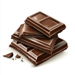 A stack of four milk chocolate bars, glossy and slightly broken, with a few crumbs scattered nearby on a white background