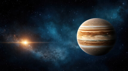 Giant planet in space with swirling clouds and bright star