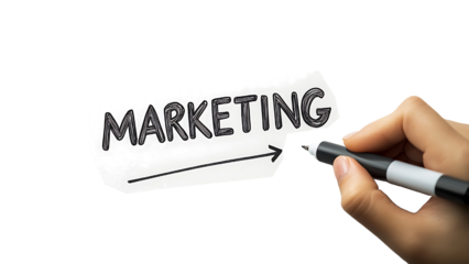 Hand writing the word "MARKETING" in bold letters with marker, on a transparent white background, minimalist branding concept for strategy and communication.
