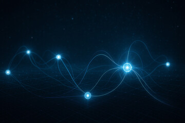 A glowing network of interconnected nodes on a dark futuristic background, symbolizing data flow, technology, and digital connectivity.