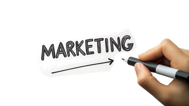 Hand writing the word "MARKETING" in bold letters with marker, on a transparent white background, minimalist branding concept for strategy and communication.