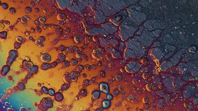 Abstract macro shot of colorful liquid patterns resembling a vibrant alien landscape with textures
