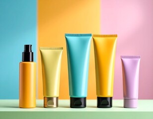 ポップな背景に映えるチューブとボトルの化粧品セット