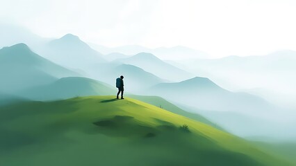 Lone hiker stands on a mist-covered hilltop, surrounded by soft fog and muted light. The scene evokes solitude, introspection, and a deep connection with nature and the great outdoors