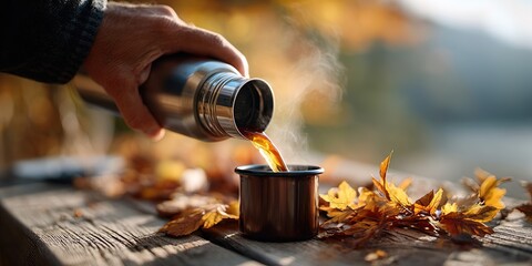 Hand pouring hot drink from thermos into cup on wooden table with autumn leaves, blurred background. Background for travel themes, active autumn leisure