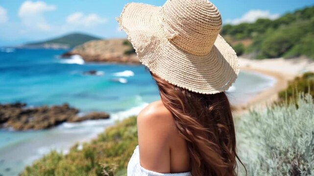 Smiling young woman in summer white dress and straw hat in Stintino coastal village, Sardinia, Italy