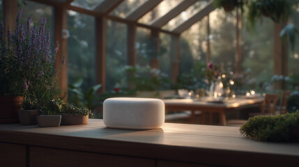 Smart Speaker on Minimalist Dining Table with Skylight