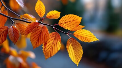 Obraz premium Vibrant autumn leaves in warm golden colors hanging on a tree branch outdoors, glowing in soft natural light. Background for seasonal, nature, fall, woodland, environment, botanical concepts