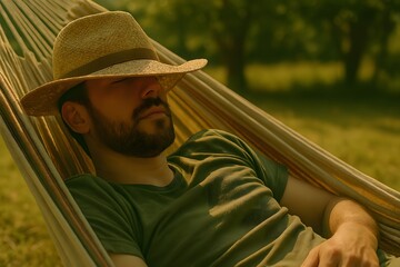Man taking a nap in a hammock on a sunny day.