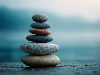 Zen stones, stacked in balance, serene, minimalist