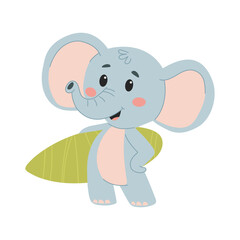 Cute elephant with surfing. Flat vector illustration in simple childish style isolated on white background