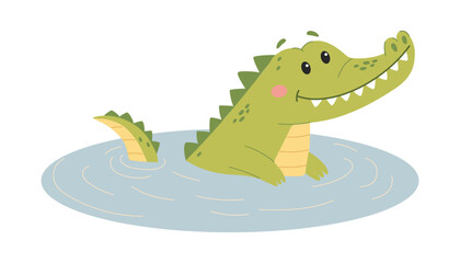 Cute Crocodile swimming in the water. Cute cartoon vector illustration.