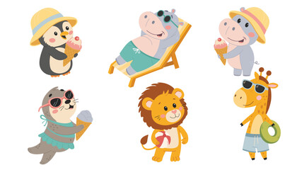 Set of cute cartoon animals.  Beach vacation. Penguin, hippo, seal, lion, giraffe. Flat vector illustration in simple child style isolated on white background