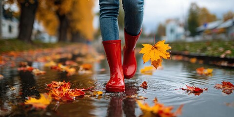 Feet in bright red boots walk through a puddle surrounded by colorful autumn leaves on a wet street. Reflections on water, cozy and playful seasonal mood. Background lifestyle, fall, weather themes