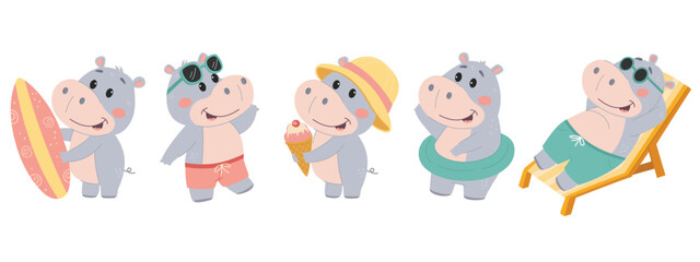 Set of cute hippo characters.Summer, vacation, ice cream, surfing, pool, lounger. Flat vector illustration in simple children's style isolated on white background.