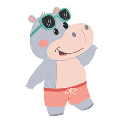 Cute hippo in swimsuit and sunglasses. Flat vector illustration in a simple children's style