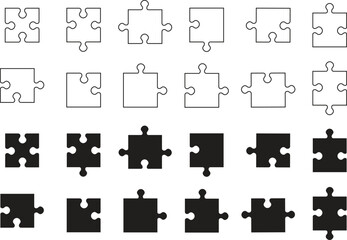 Obraz premium Puzzle pieces icons set. Jigsaw puzzle pieces silhouette icons isolated on transparent background. Vector design templates. Business presentation concept. Vector illustration. EPS 10