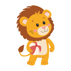Obraz premium Cute cartoon lion holding beach ball. Vector illustration isolated on white background.