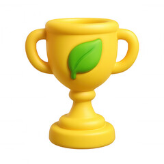 Yellow trophy with green leaf design, isolated on transparent background, 3D claymorphic icon